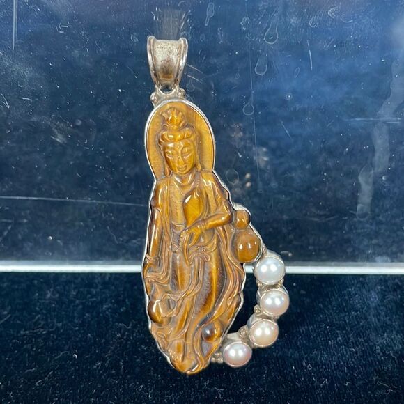 925 Tigers Eye Pearl Buddha Pendant - Picture 1 of 2